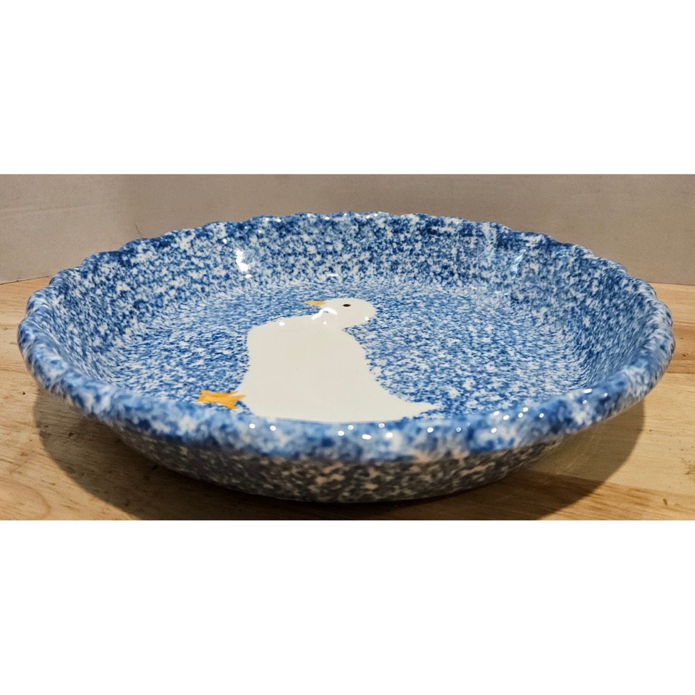 VTG 1971 Los Angeles Pottery Spongeware Pie Plate Goose Cottagecore Country 11" - Picture 5 of 7